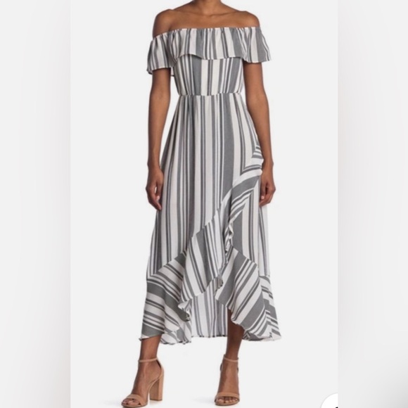 Bailey Blue Striped Off Shoulder Maxi Ruffle Hem Coastal Dress - Picture 5 of 5